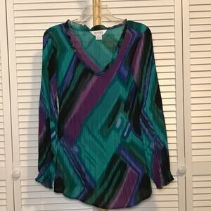 Allison Taylor Ruffled Ribbed Stretch V-Neck Long Sleeve Blouse M